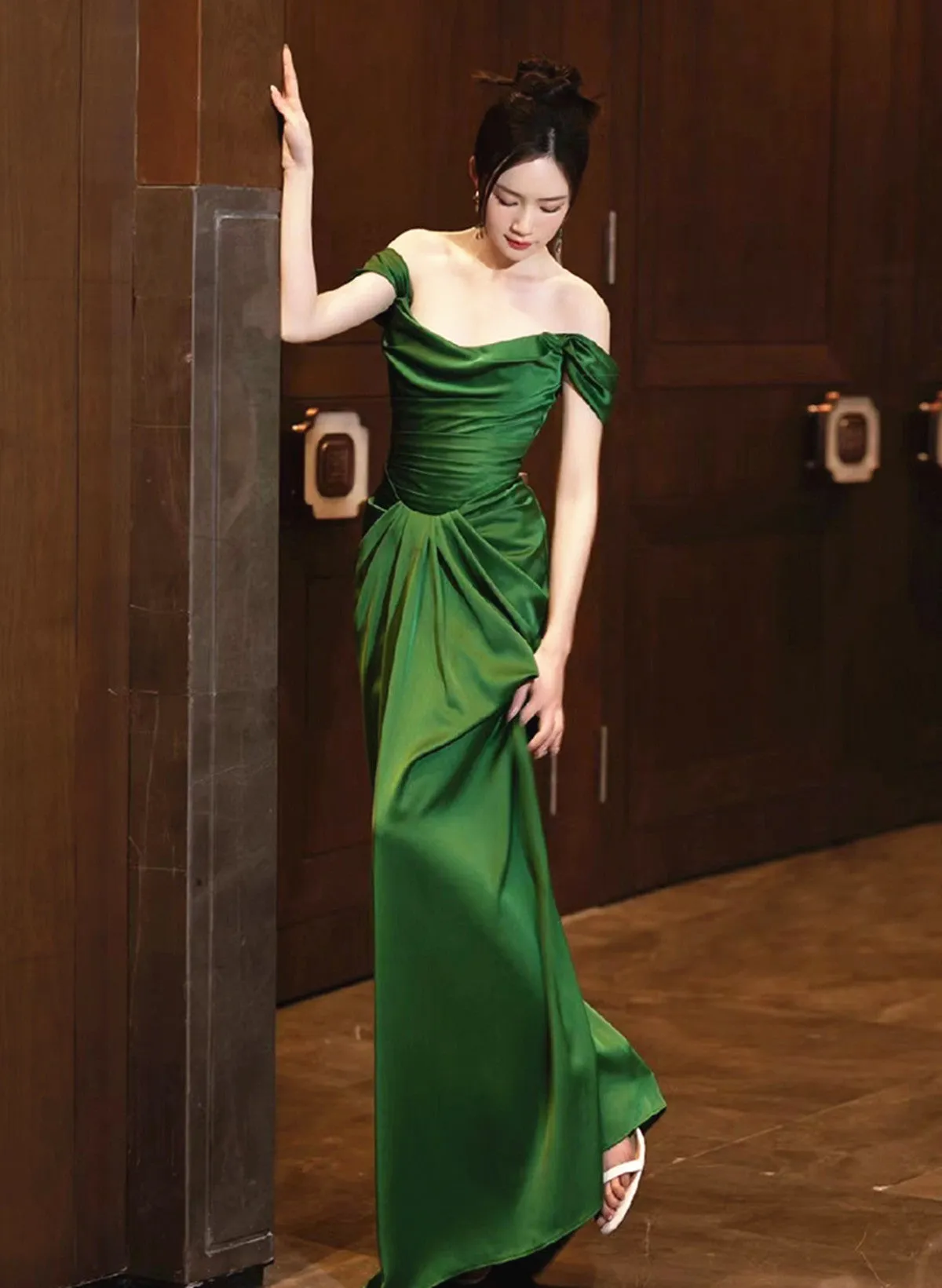 Green Off Shoulder Beautiful Soft Satin Evening Dress, Green Long Prom Dress