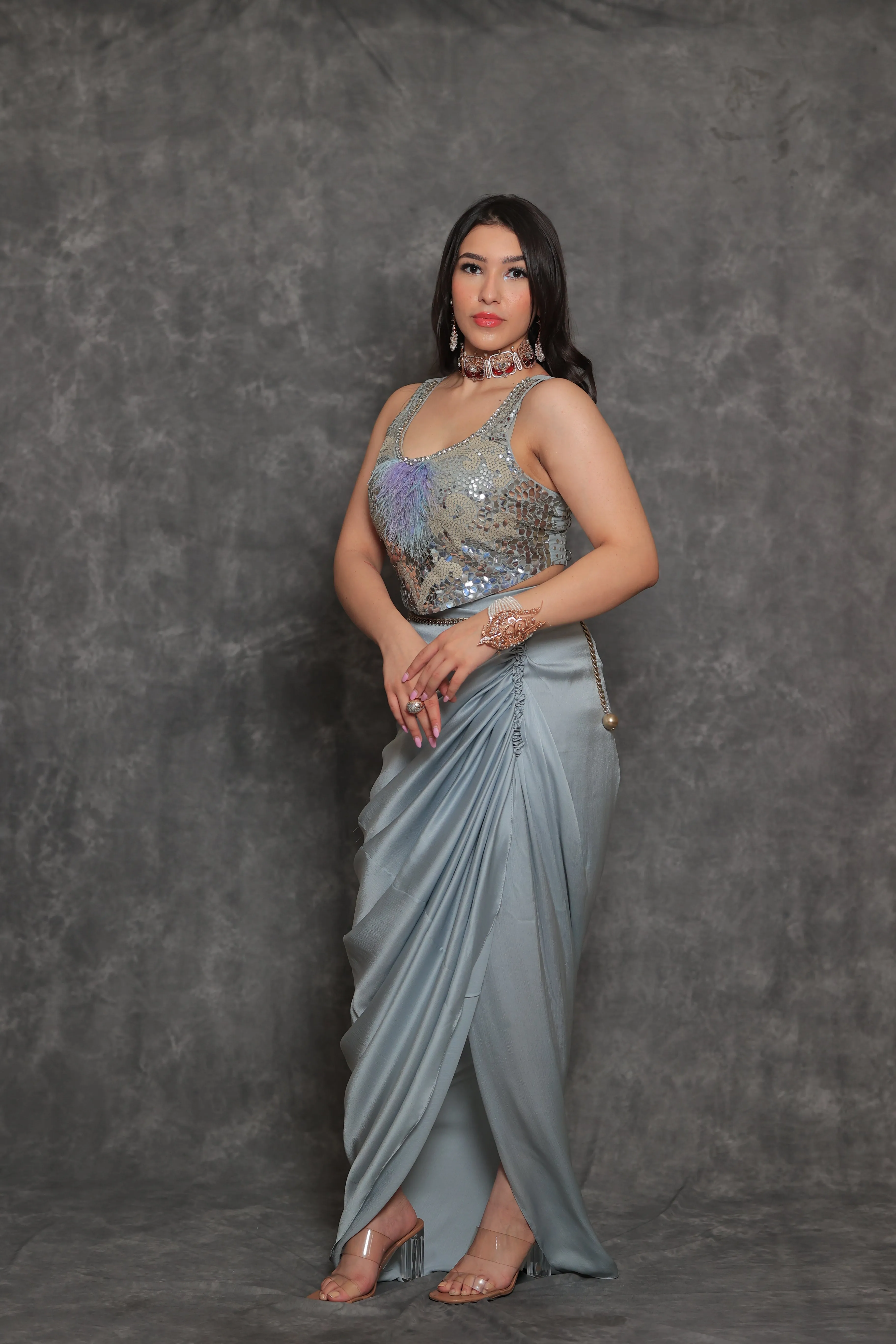 Grey Sculpted Blouse & Drape Skirt