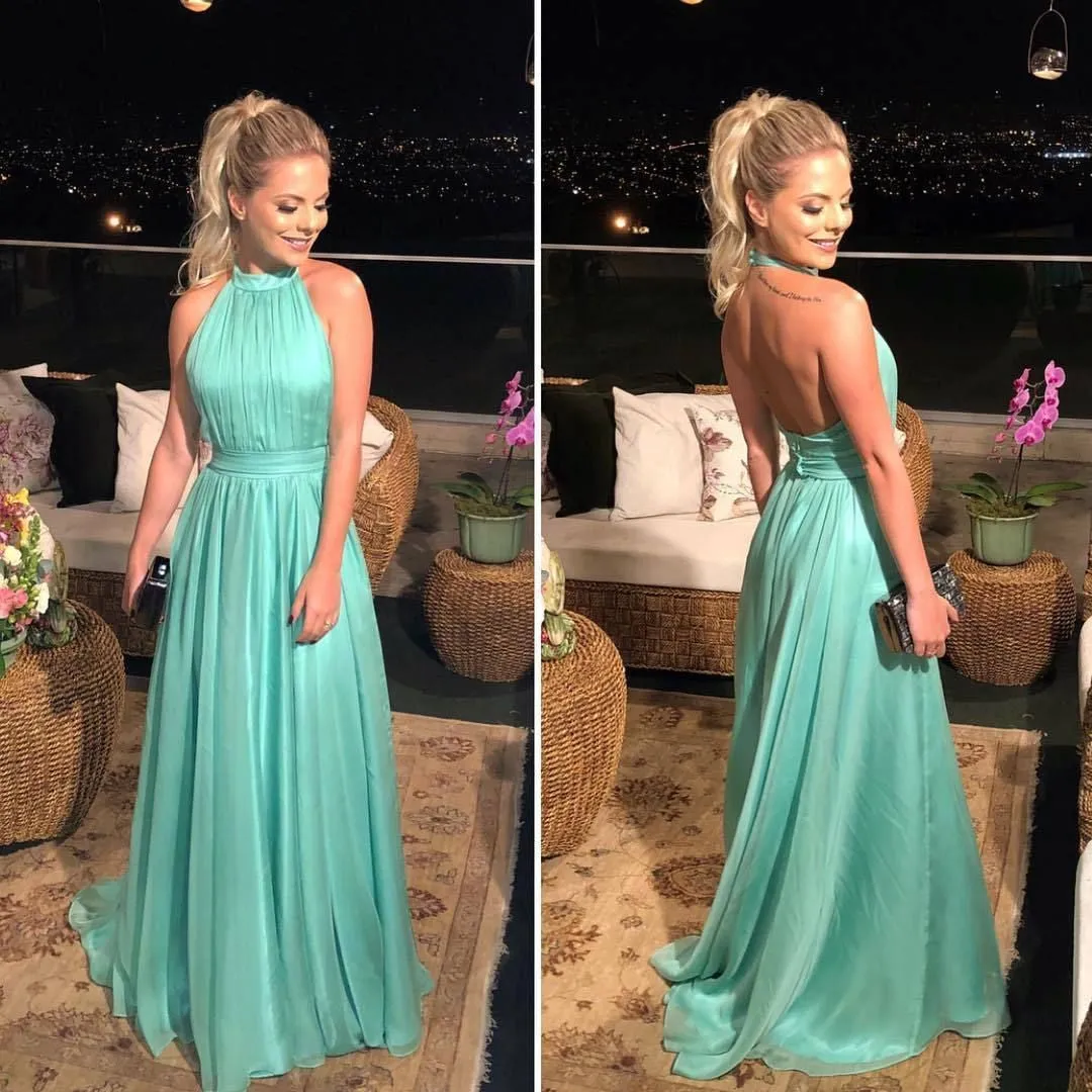 Halter Neck Backless Green Long Promes, Open Back Long Green Formal Evening