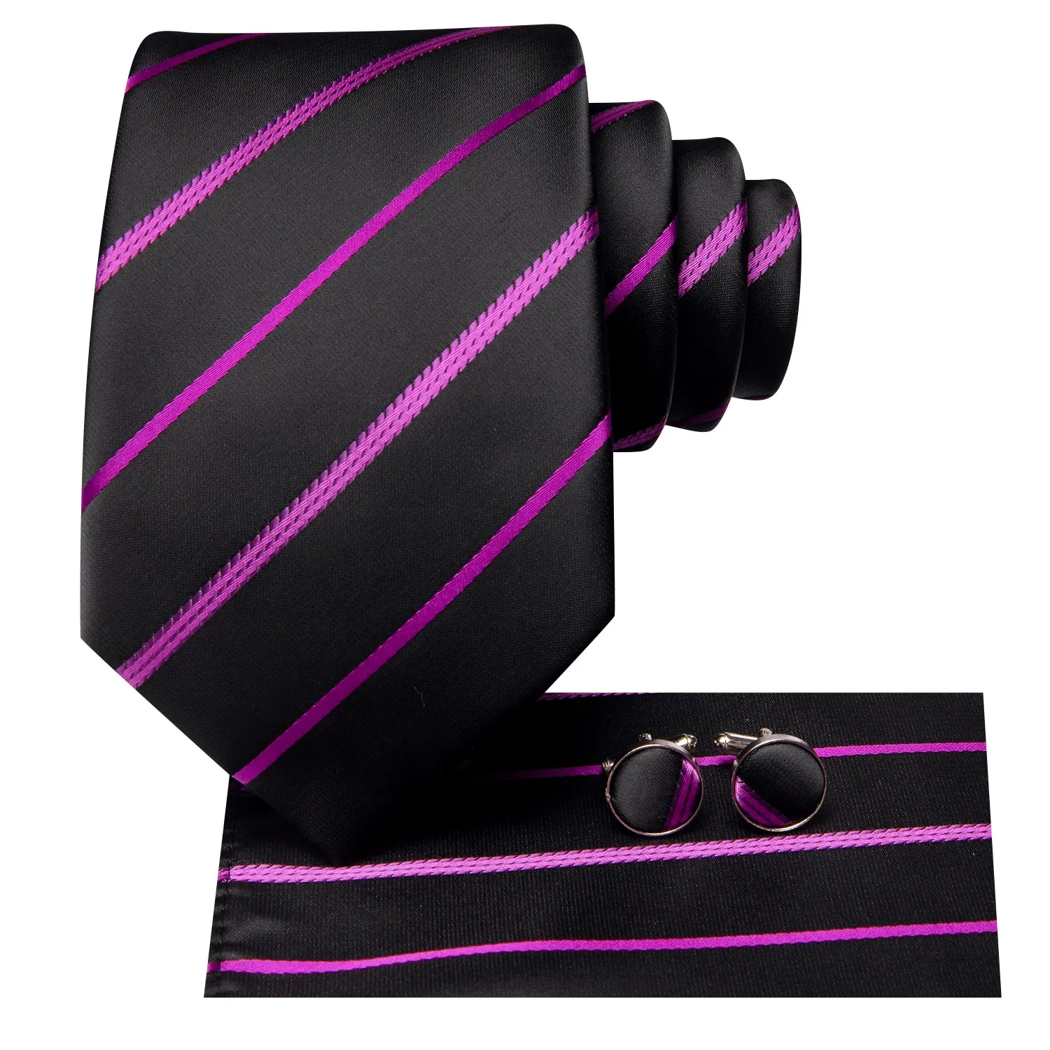 Hi-Tie Black Purple Striped Men's Tie Pocket Square Cufflinks Set