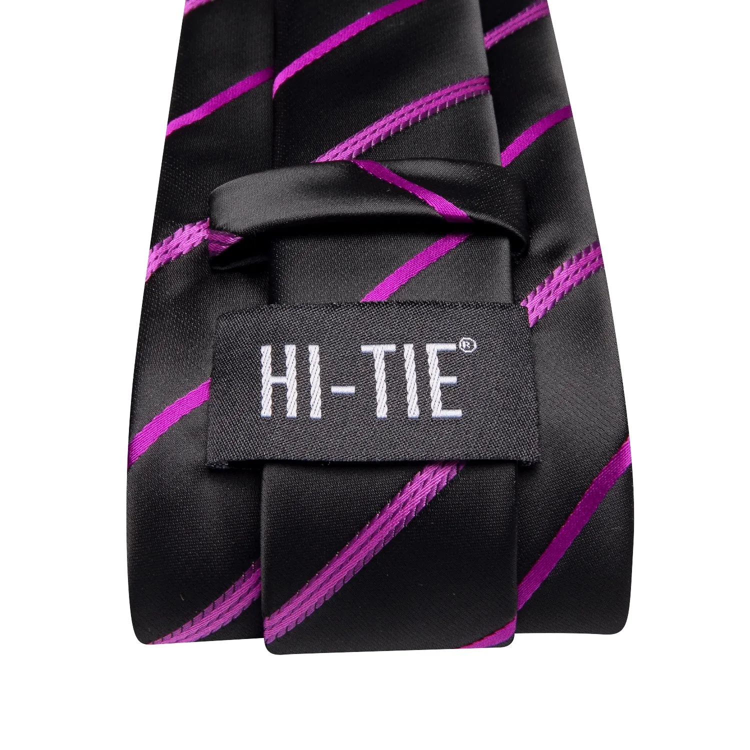 Hi-Tie Black Purple Striped Men's Tie Pocket Square Cufflinks Set