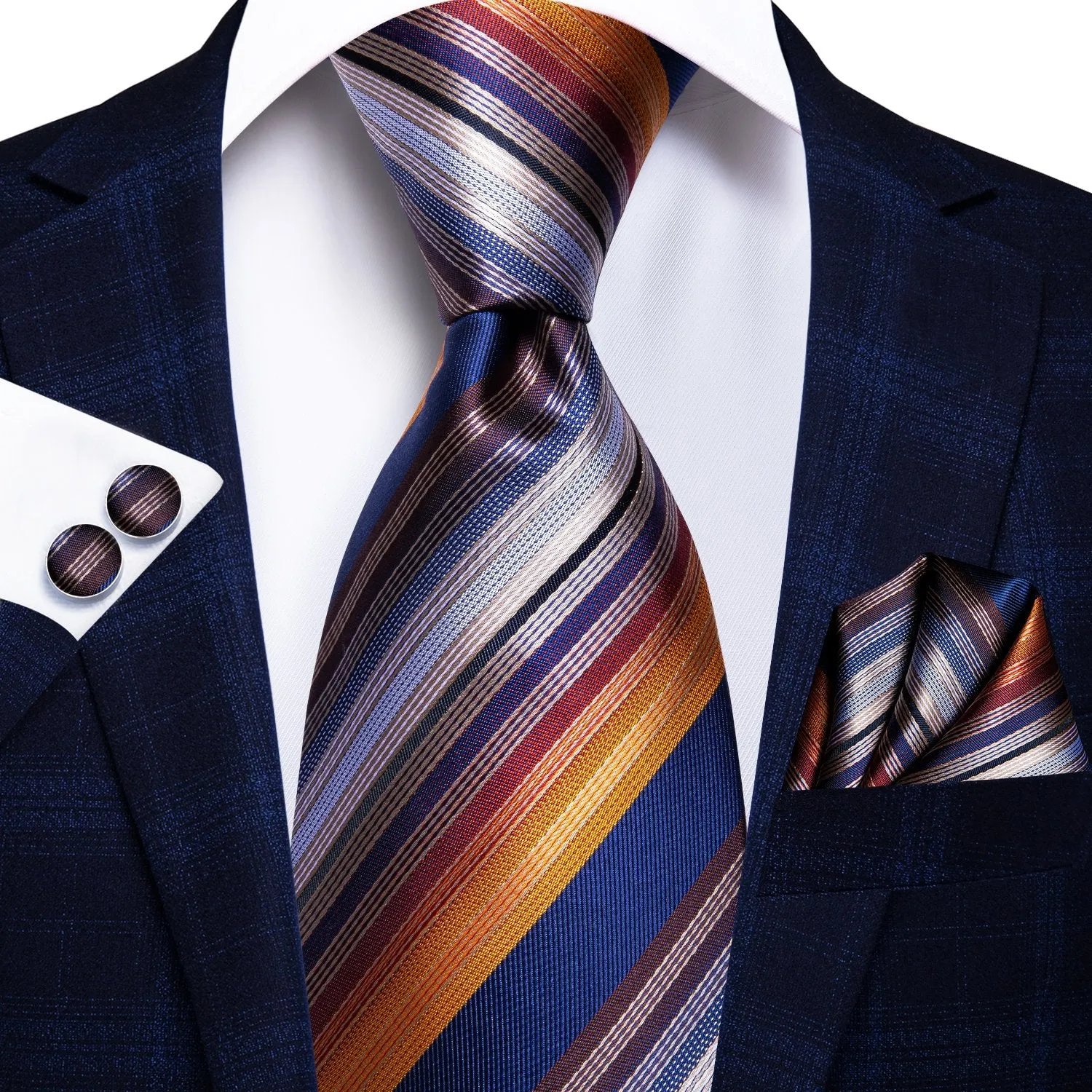 Hi-Tie Orange Necktie Blue Striped Men Tie Pocket Square Cufflinks Set