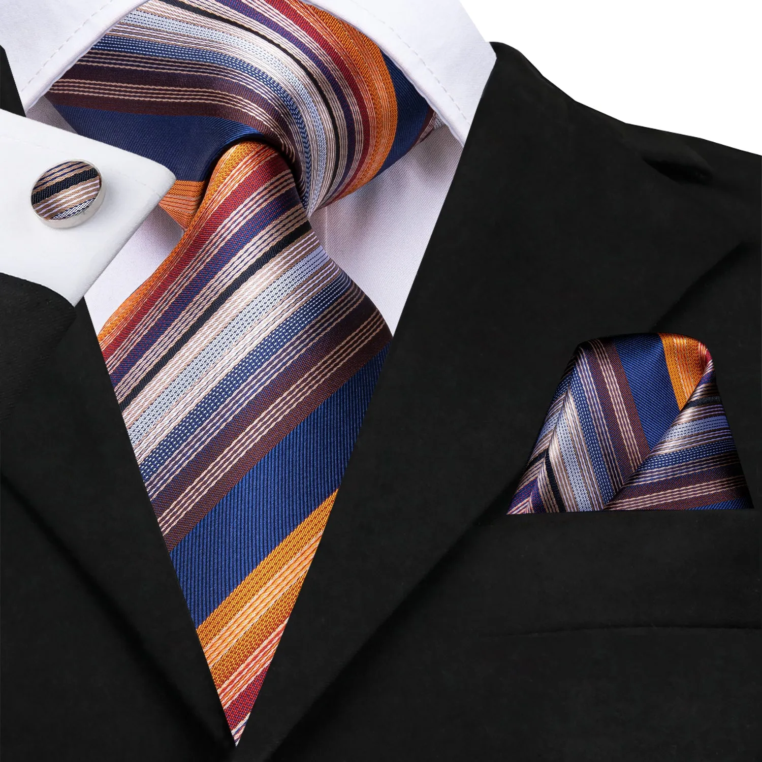 Hi-Tie Orange Necktie Blue Striped Men Tie Pocket Square Cufflinks Set