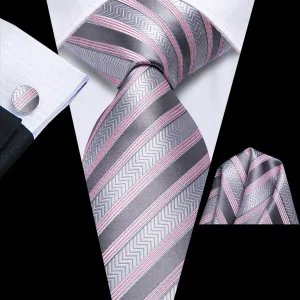 Hi-Tie Silver Tie Grey Pink Striped Tie Pocket Square Cufflinks Set