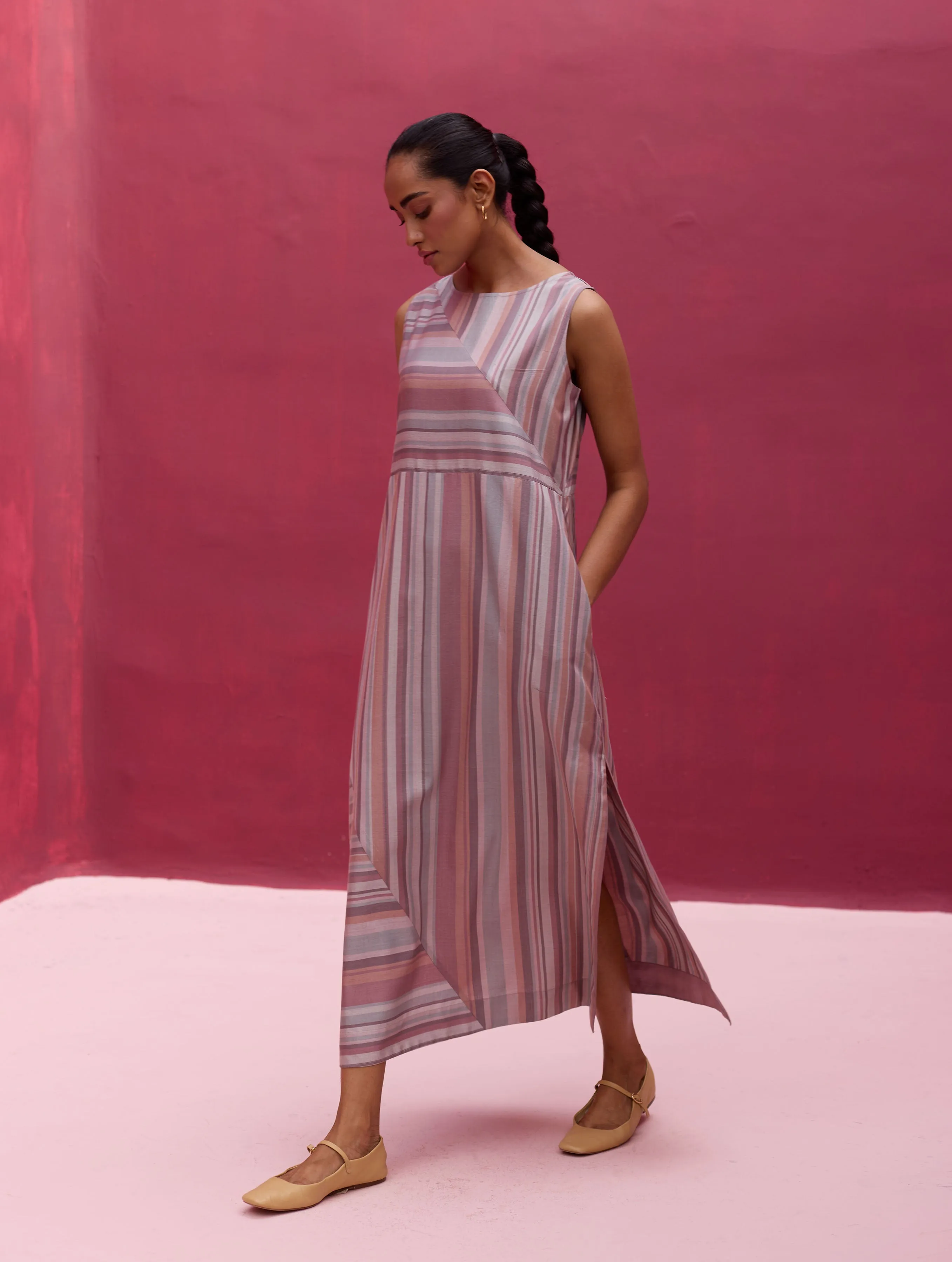 Irsa Silk Stripe Dress with Overlay - Lavender