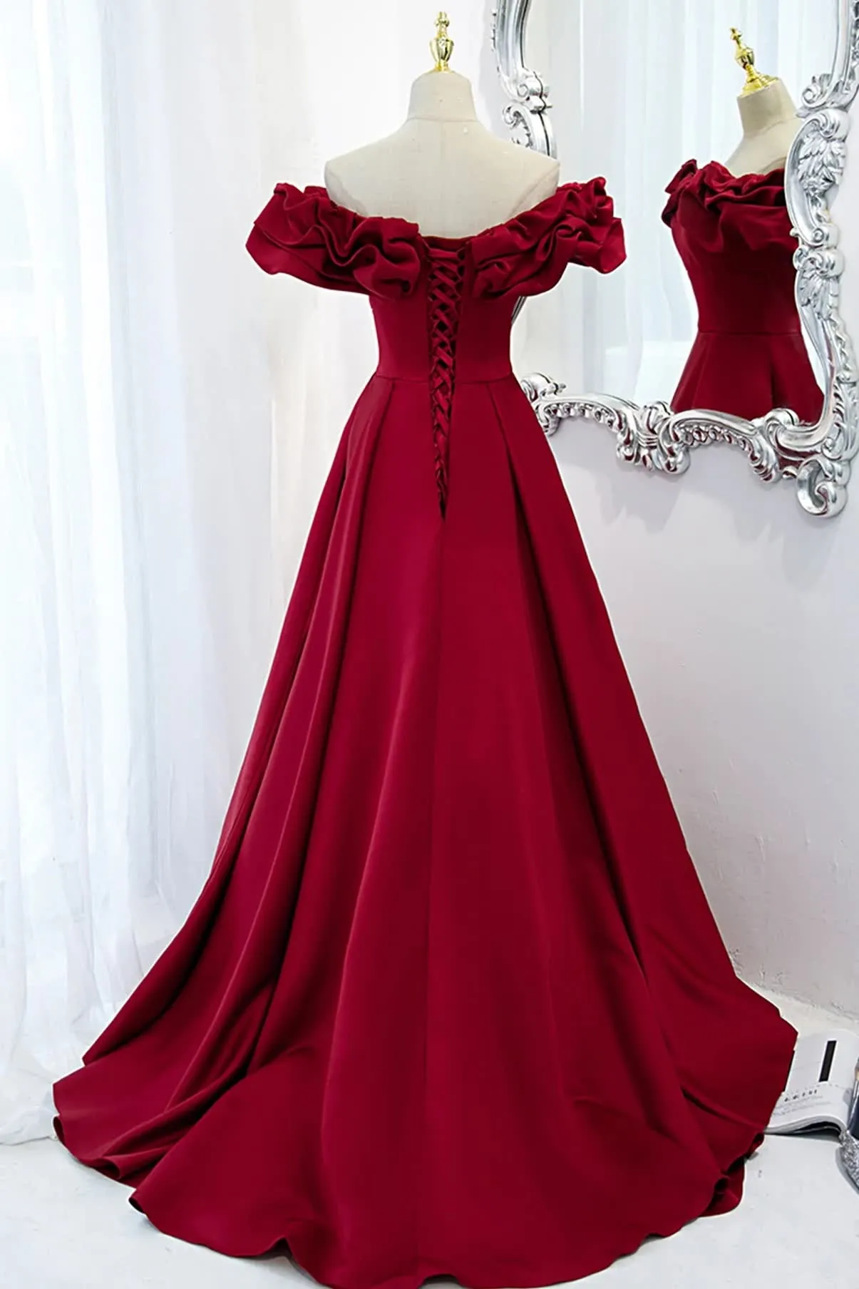 kamahe Burgundy Off Shoulder Long A Line Prom Dress Evening Dress