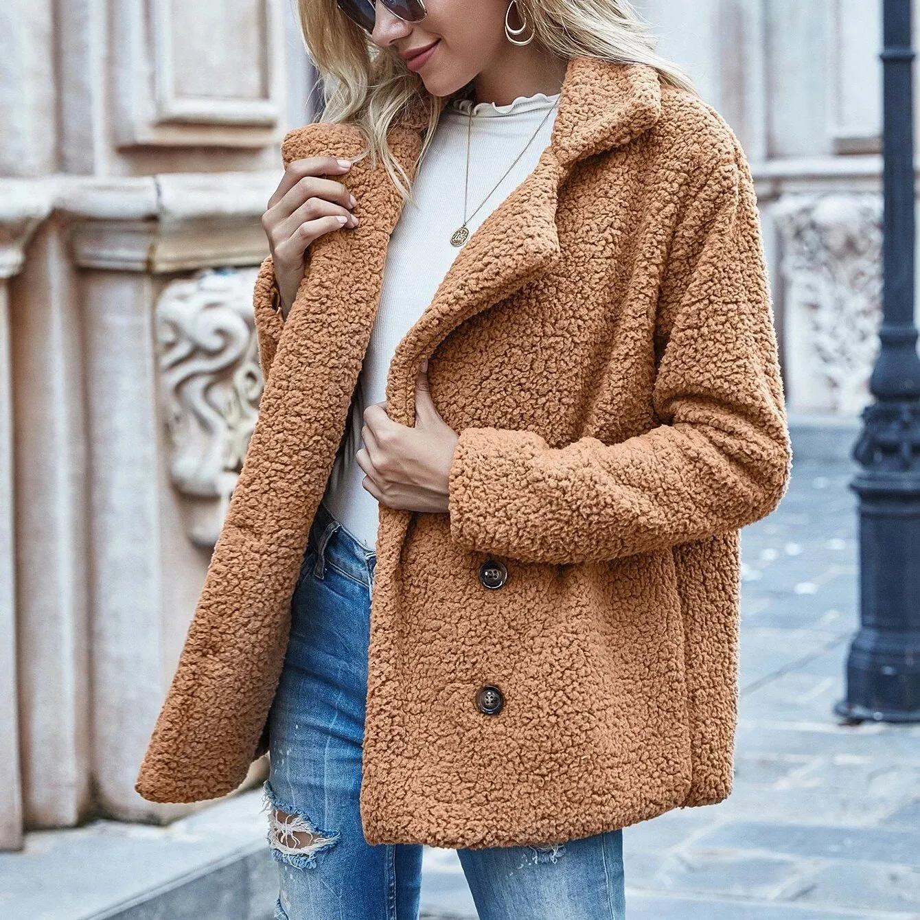 Lapel Collar Double Button Teddy Coat