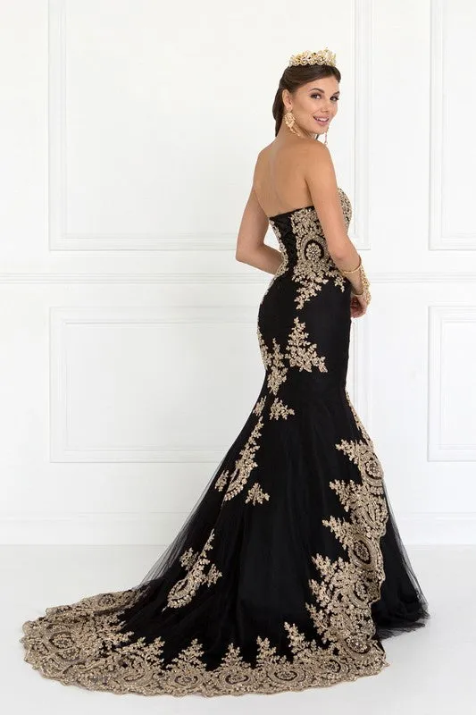 LONG STRAPLESS FLARED TRUMPET DRESS BY ELIZABETH K 