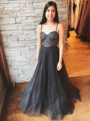 Luxurious Sweetheart Neck Rhinestone Black Long Prom, Spaghetti Straps Black Formal, Black Evening