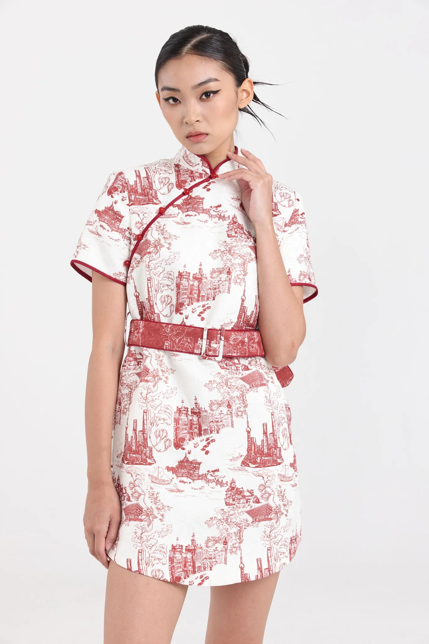 MACY Shift Dress w/ Belt (White/ Red)