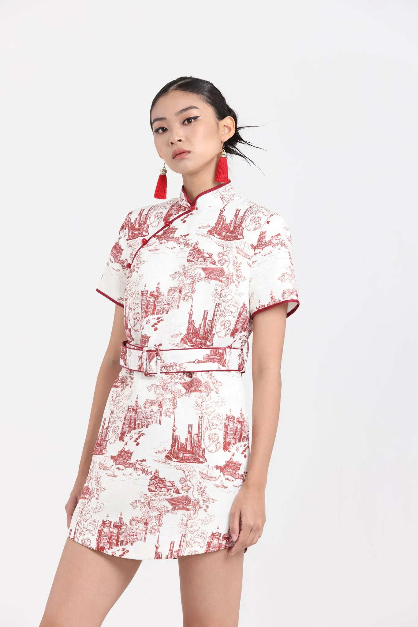 MACY Shift Dress w/ Belt (White/ Red)