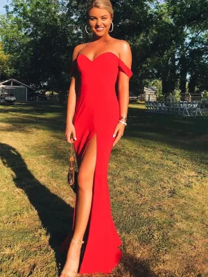 Maxi Off Shoulder Mermaid Long Red Prom with High Slit, Off Shoulder Red Formal, Mermaid Red Evening