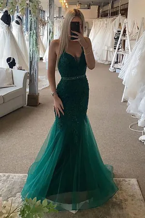 Mermaid V Neck Open Back Green Lace Long Prom Dress with Belt, Mermaid Backless Green Formal Dress, Green Lace Evening Dress A1383