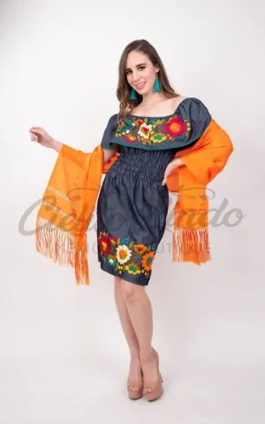 Mexican Denim Embroidered Dress Off the Shoulder