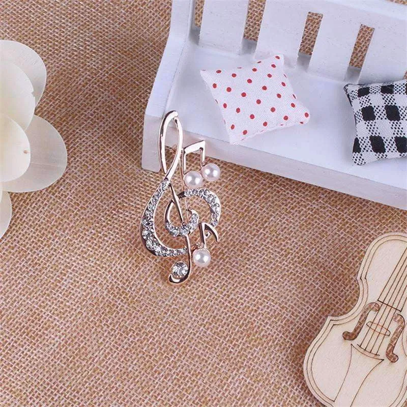 Music Notes Brooch / Pin - Gold with Crystals and Pearls