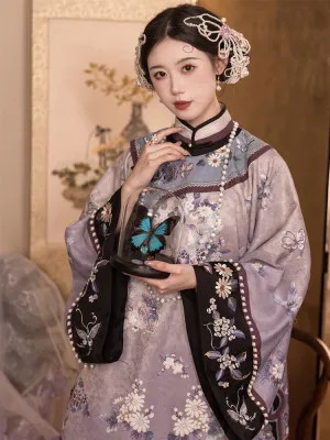 New Chinese Style Purple Cross-collared Suit with Butterfly and Flower Embroidery Qing Dynasty Women's Suit