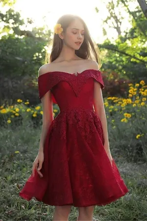 Off Shoulder Burgundy Lace Prom Dress, Off the Shoulder Burgundy Homecoming Dress, Burgundy Lace Formal Evening Dress A1628