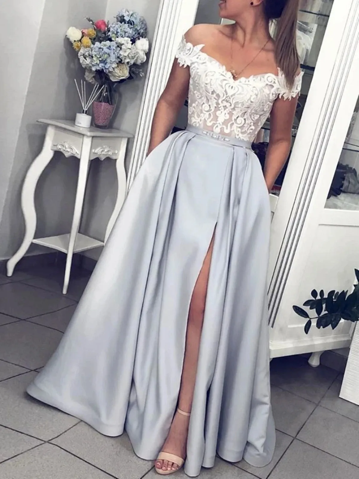 Off the Shoulder Gray Lace Long Prom, Gray Off Shoulder Lace Formal Evening