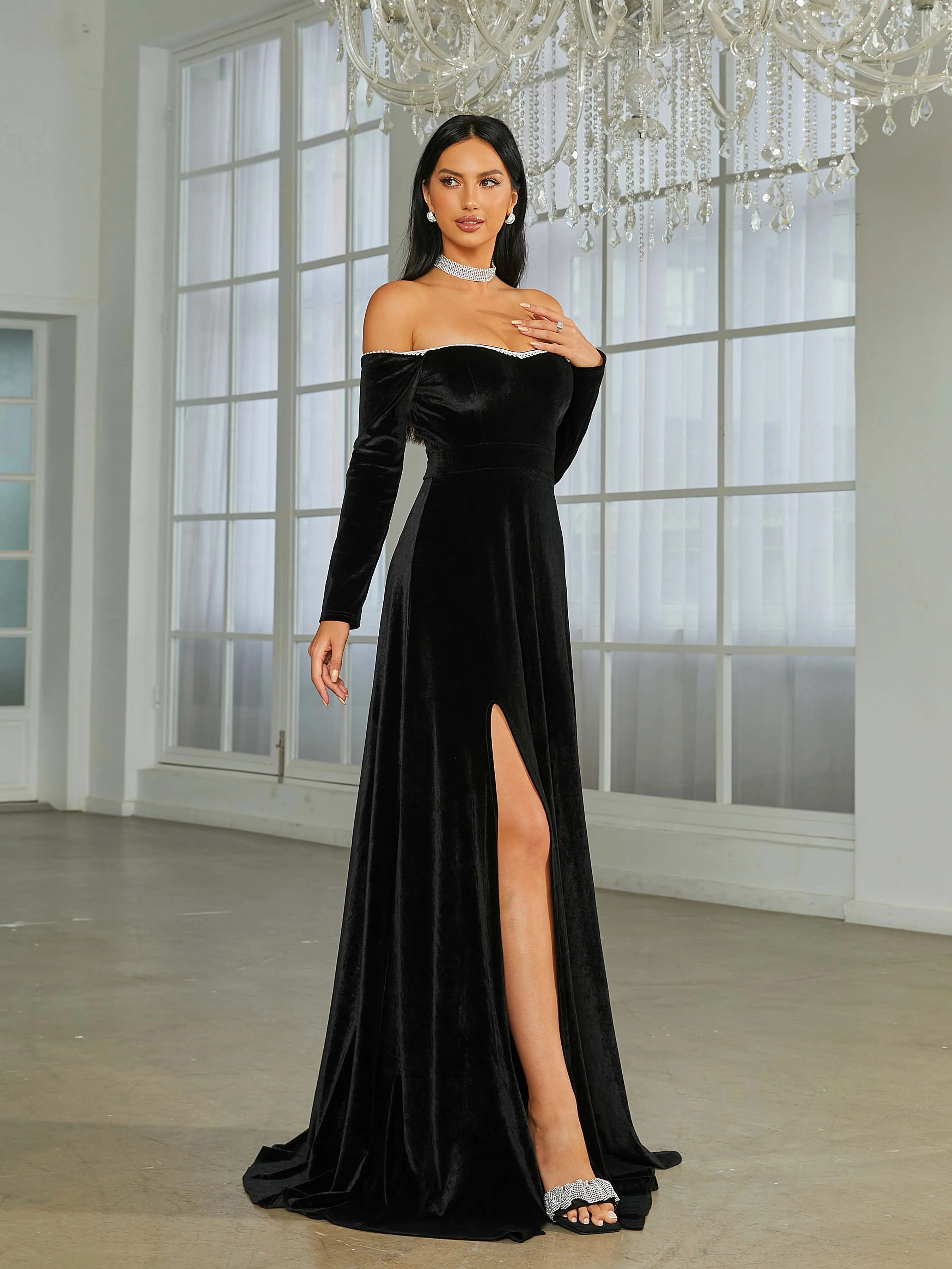 Off The Shoulder High Split Black Velvet Evening Dress XJ1946