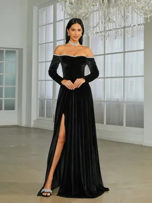 Off The Shoulder High Split Black Velvet Evening Dress XJ1946