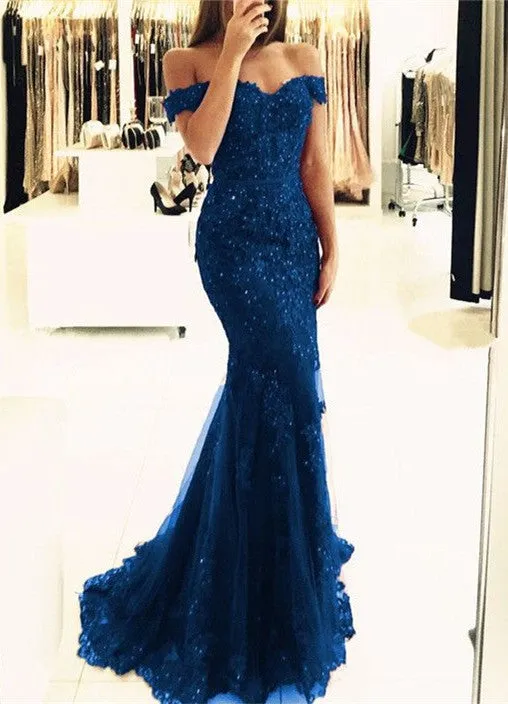 Off-the-Shoulder Prom Dress | Lace Appliques Evening Gowns