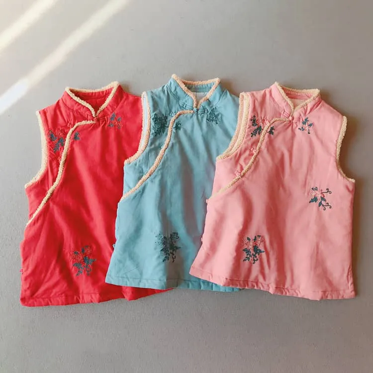 Padded Qipao Vest with Flower Embroidery