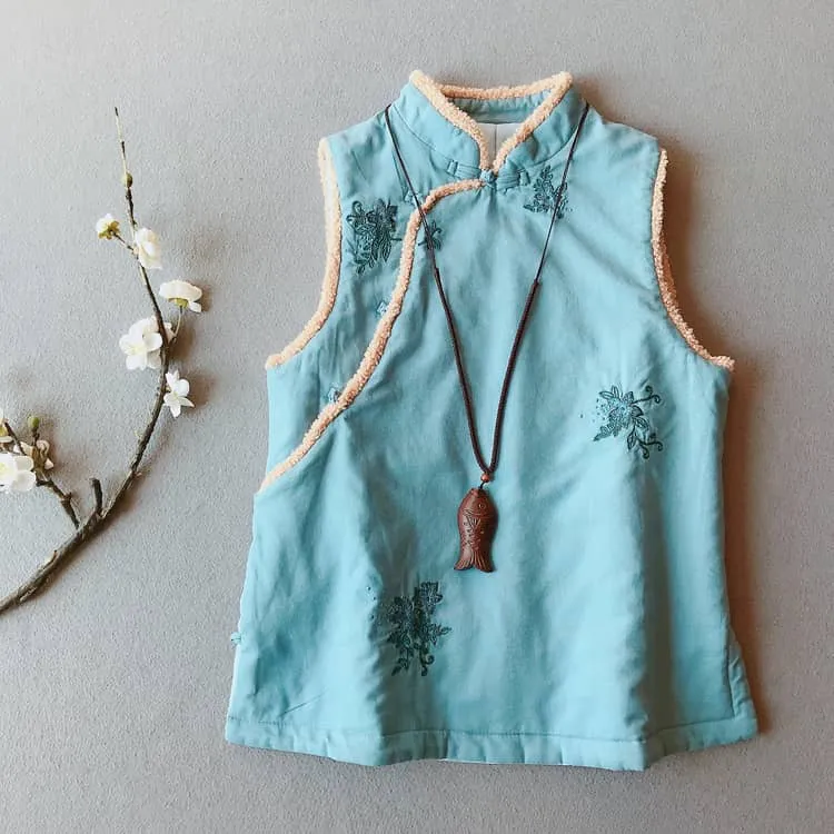 Padded Qipao Vest with Flower Embroidery