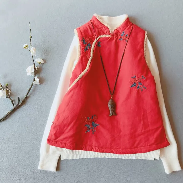 Padded Qipao Vest with Flower Embroidery