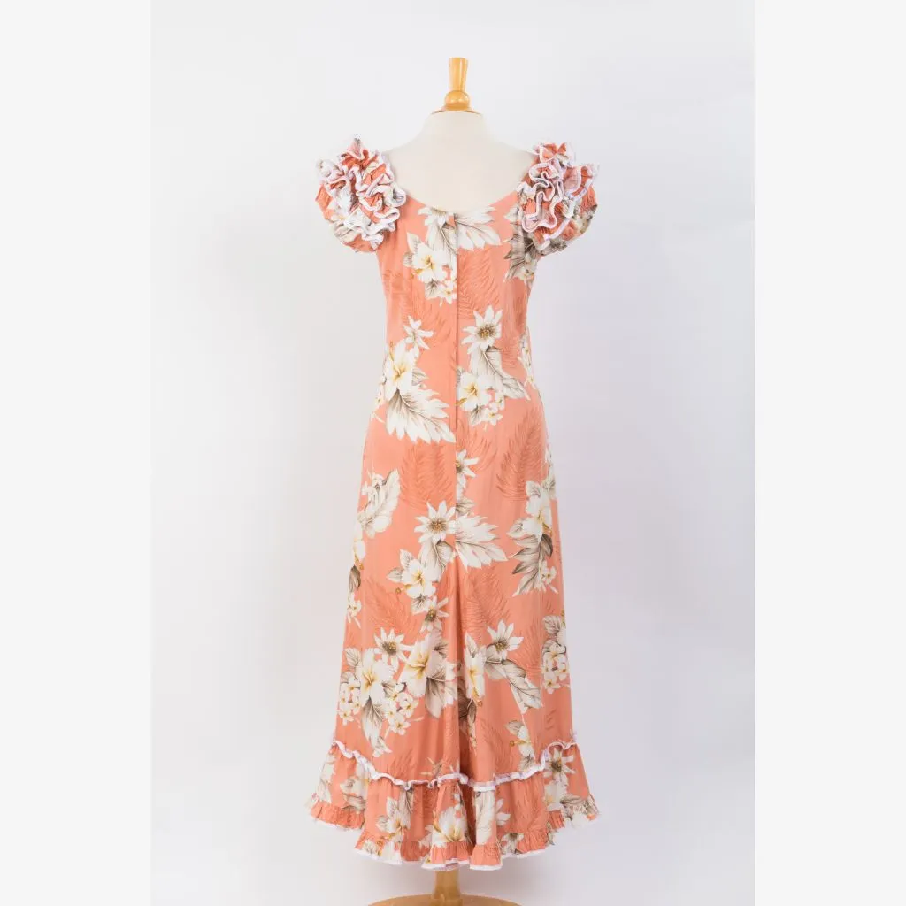 Peach Color Hibiscus Print Ruffle Sleeve Dress