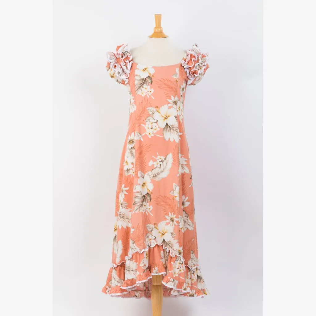 Peach Color Hibiscus Print Ruffle Sleeve Dress