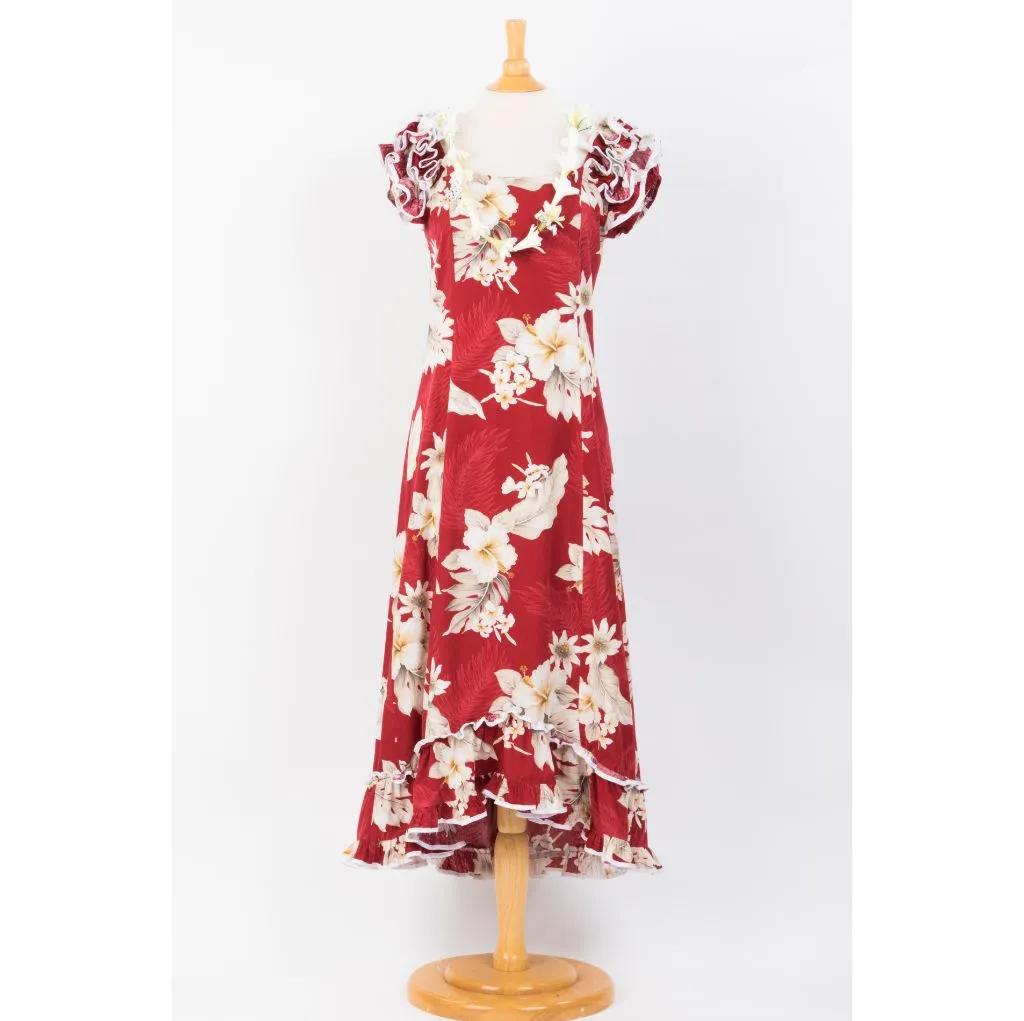 Peach Color Hibiscus Print Ruffle Sleeve Dress