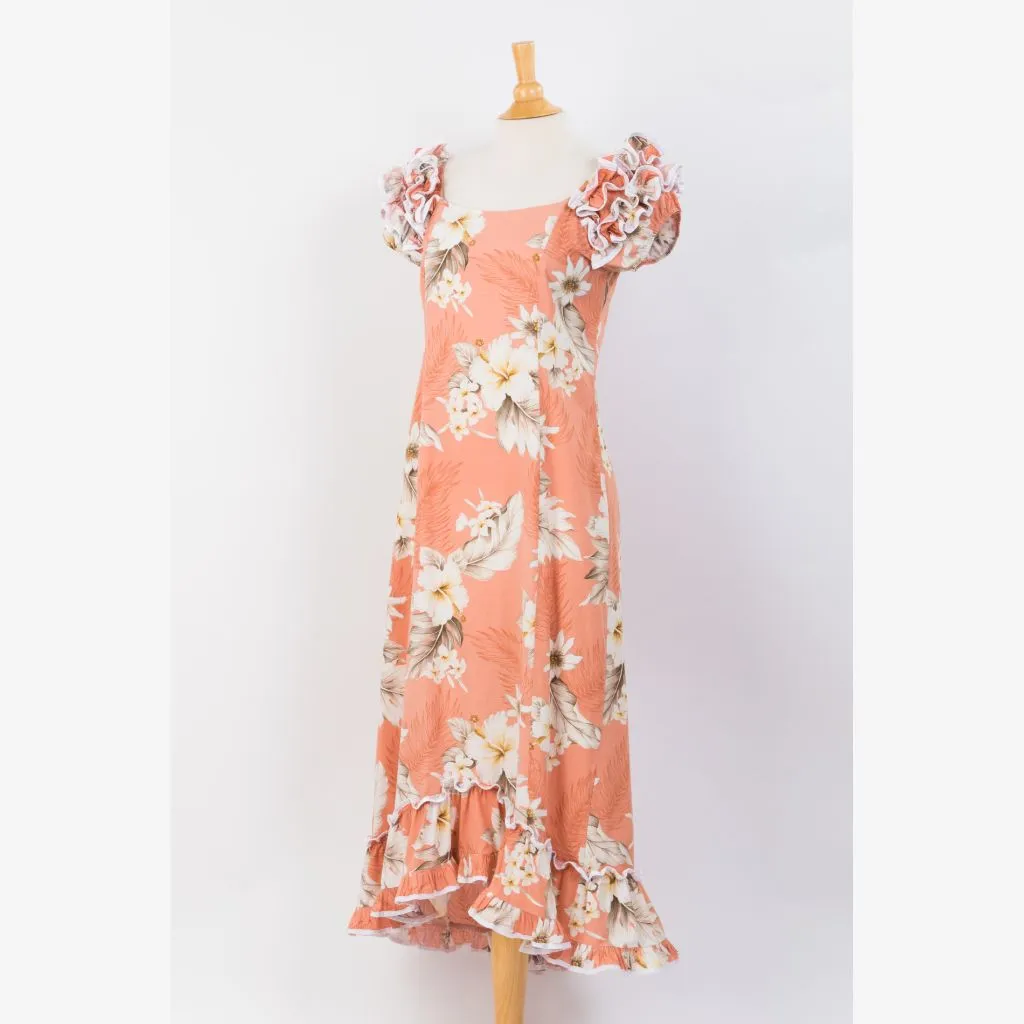 Peach Color Hibiscus Print Ruffle Sleeve Dress