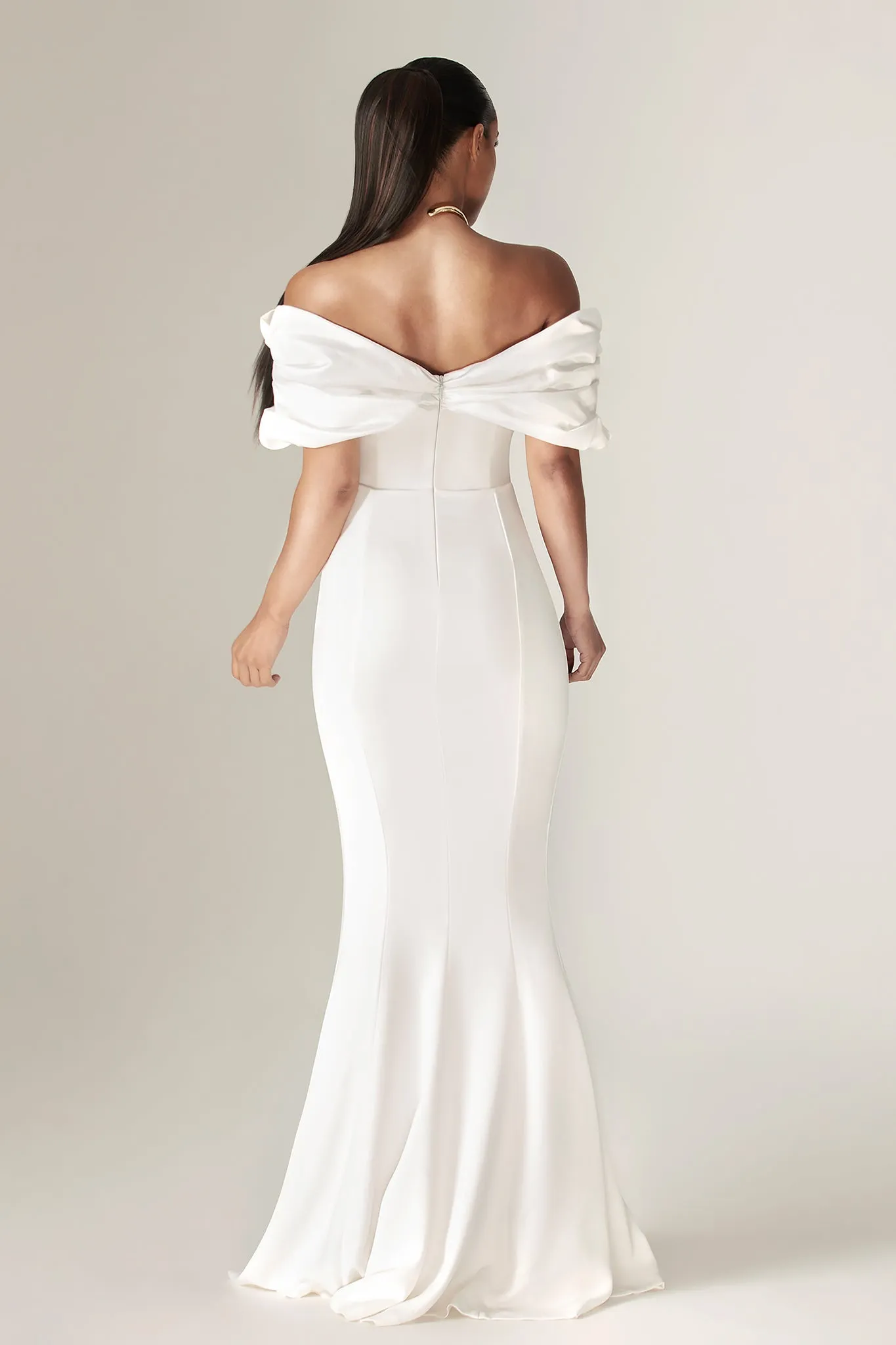 Presley Crepe Ruffle Shoulder Gown Dress (Off White)