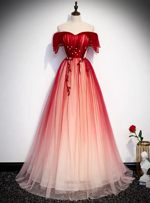 Princess Red Tulle Off the Shoulder Beading Prom Dress