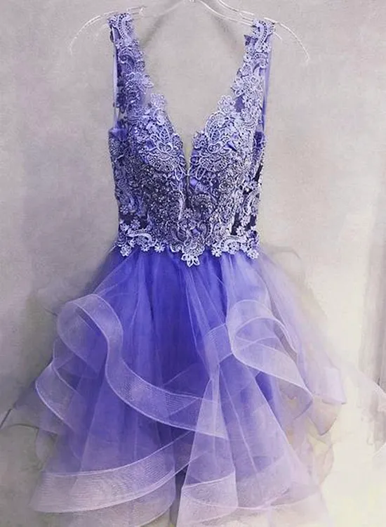 Purple Lace V-Neckline Short Homecoming Dress Purple Short Prom Dress