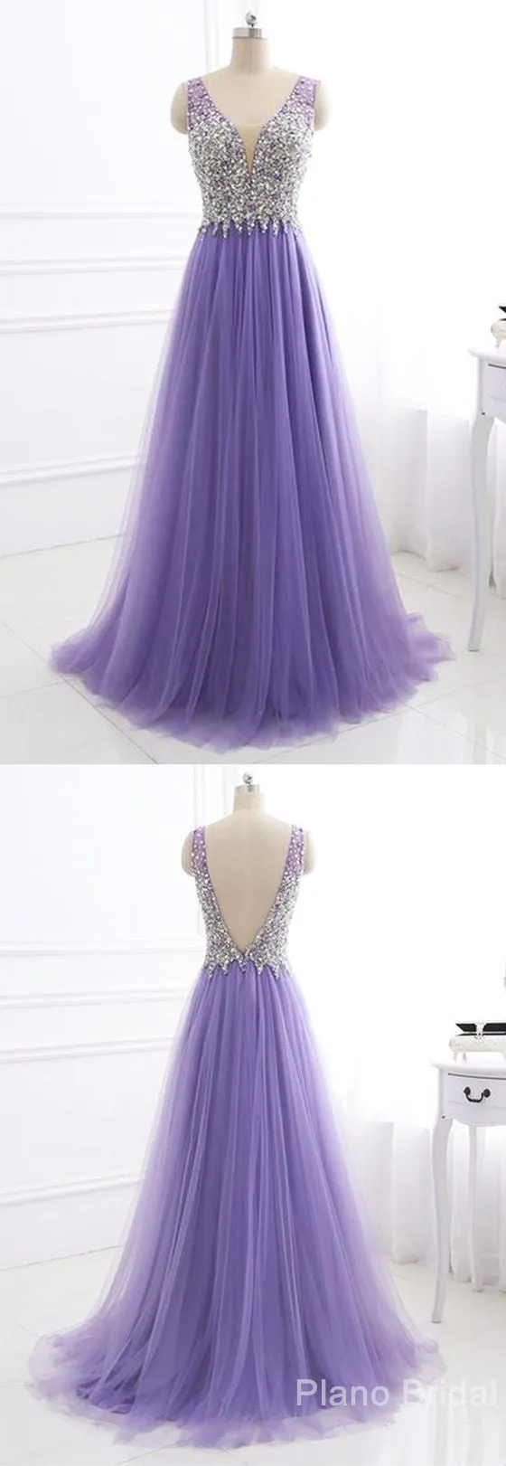 Purple Tulle V Neck Silver Beaded Long Evening Dress, Purple Halter Prom Dress