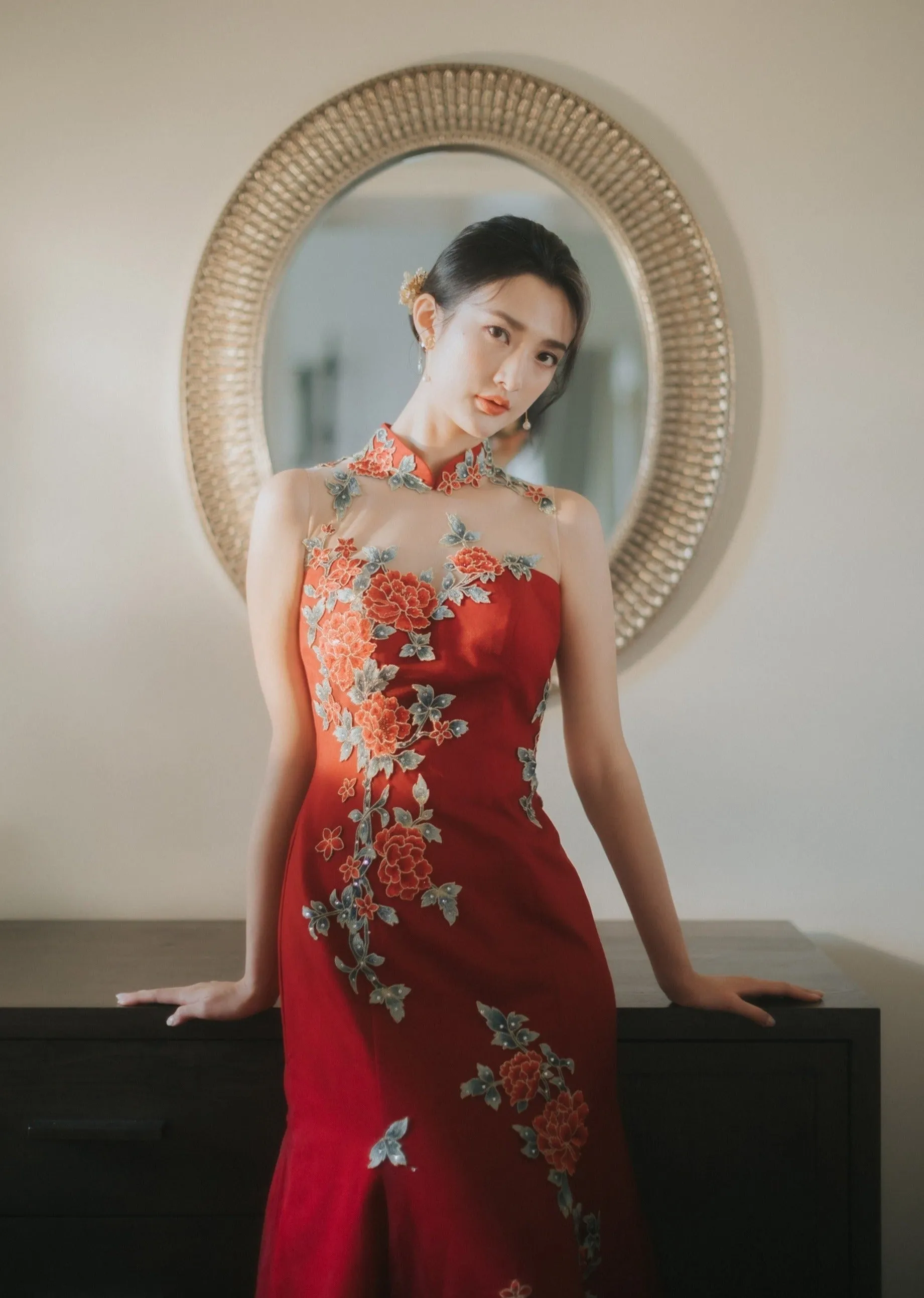 Red Celosia Tulle Mermaid Qipao - RTW