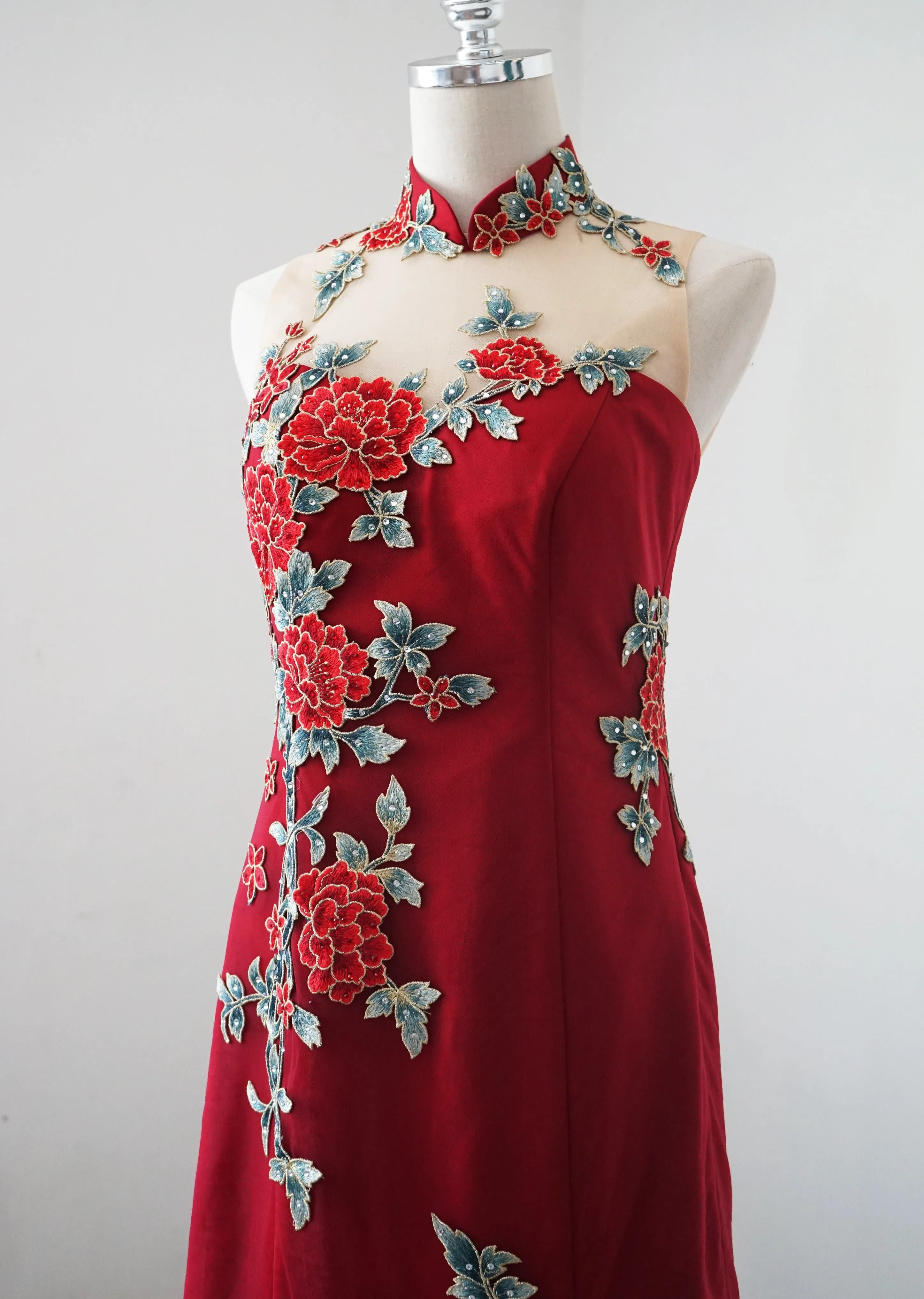 Red Celosia Tulle Mermaid Qipao - RTW