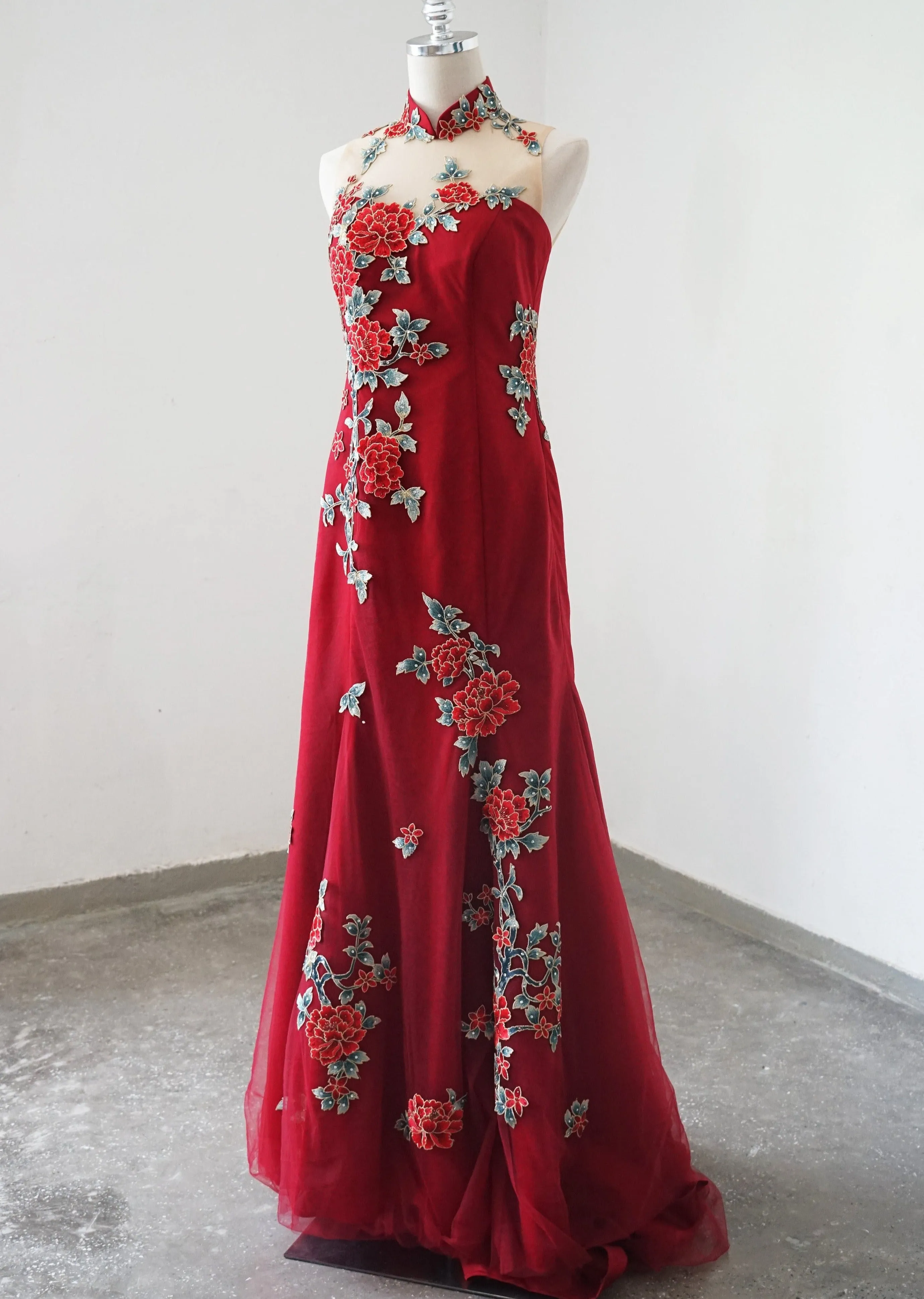 Red Celosia Tulle Mermaid Qipao - RTW