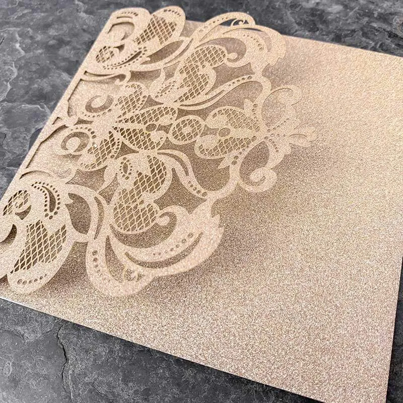 Rococo Laser Cut Pocket Fold Wedding Invitation- Champagne Gold Glitter