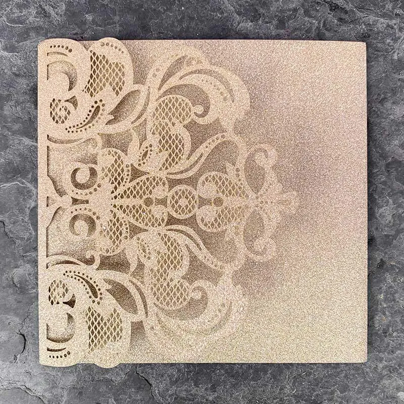 Rococo Laser Cut Pocket Fold Wedding Invitation- Champagne Gold Glitter