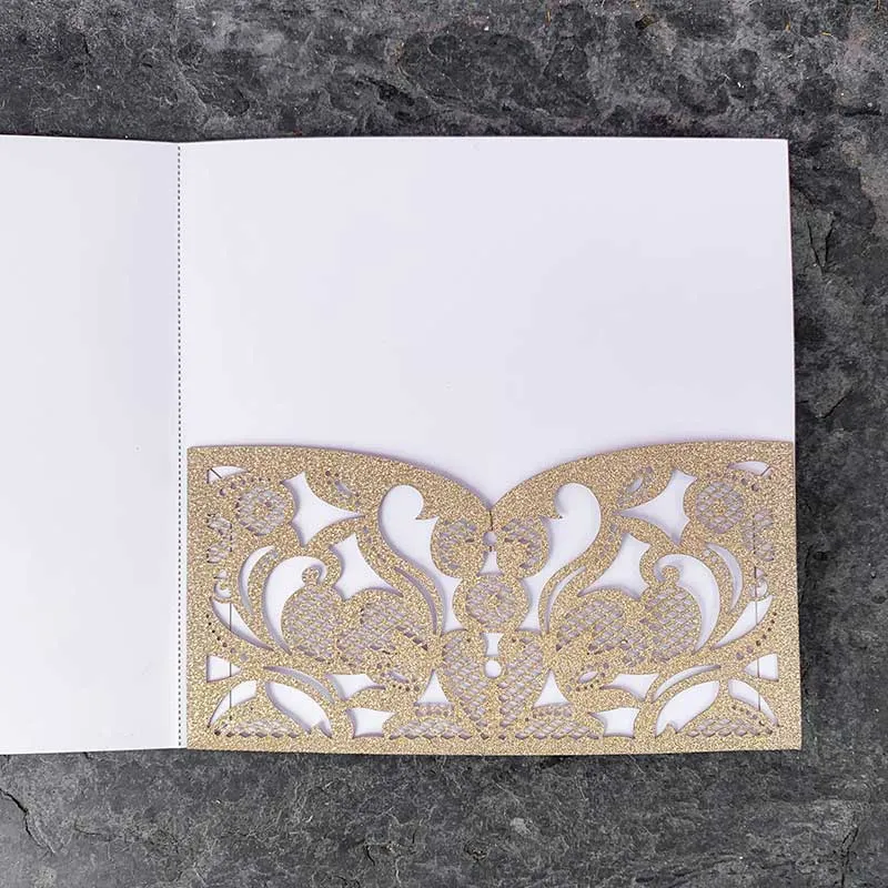 Rococo Laser Cut Pocket Fold Wedding Invitation- Champagne Gold Glitter