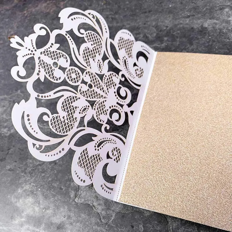 Rococo Laser Cut Pocket Fold Wedding Invitation- Champagne Gold Glitter