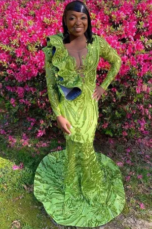 Ruffled Plunging Neck Green Sequin Tailor Made Mermaid Prom Dress