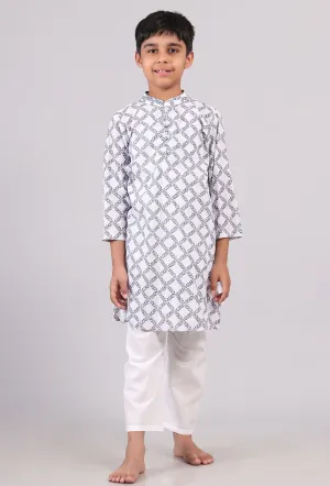 Set of 2: White and Blue Hand Block Print Kurta Pyjama Set