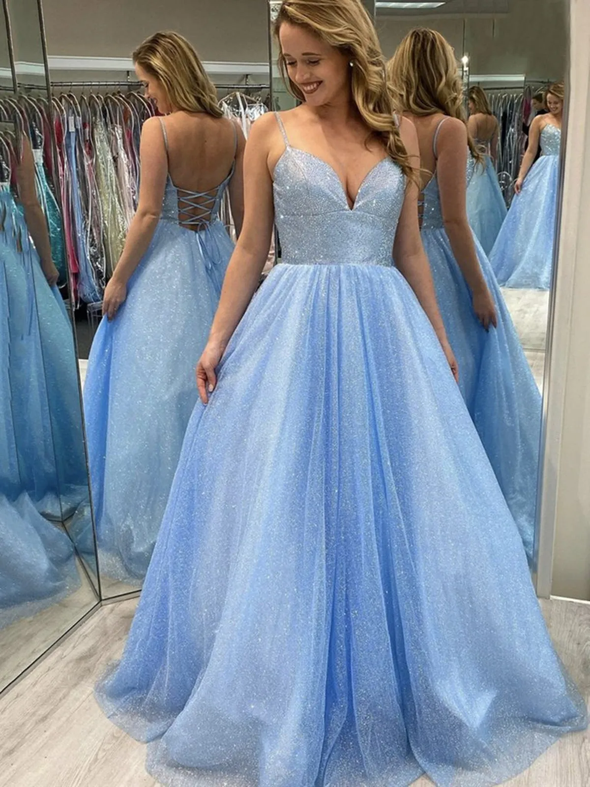 Shiny V Neck Backless Light Blue Long Prom, Sparkly Long Blue Formal Evening