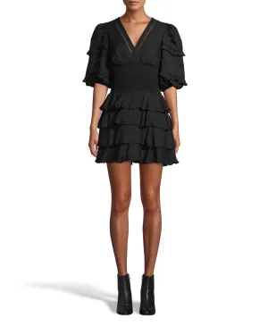 Smocked Silk Ruffle Mini Dress In Black