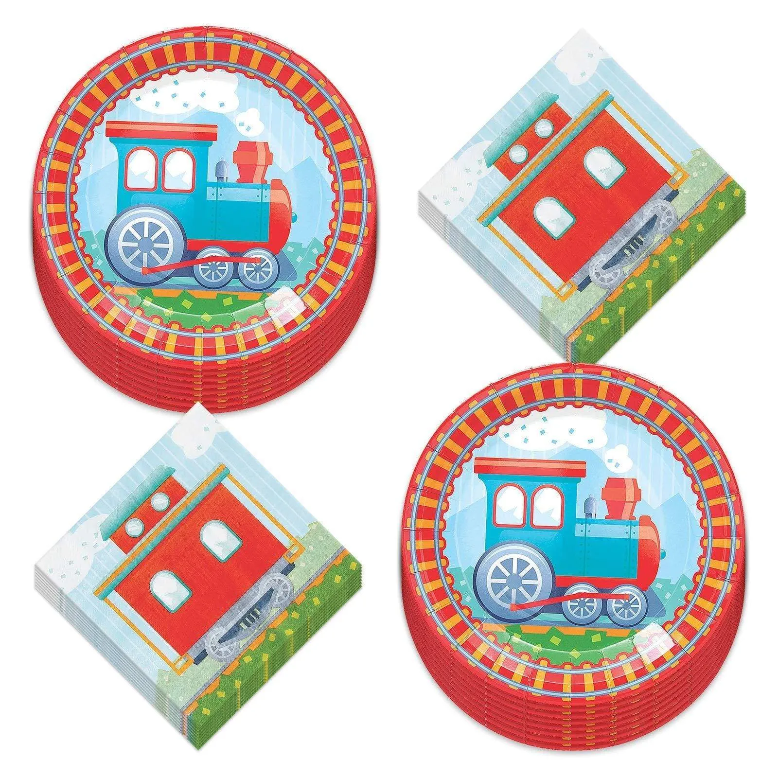 Train Track Paper Dinner Plates and Caboose Luncheon Napkins (Serves 16)