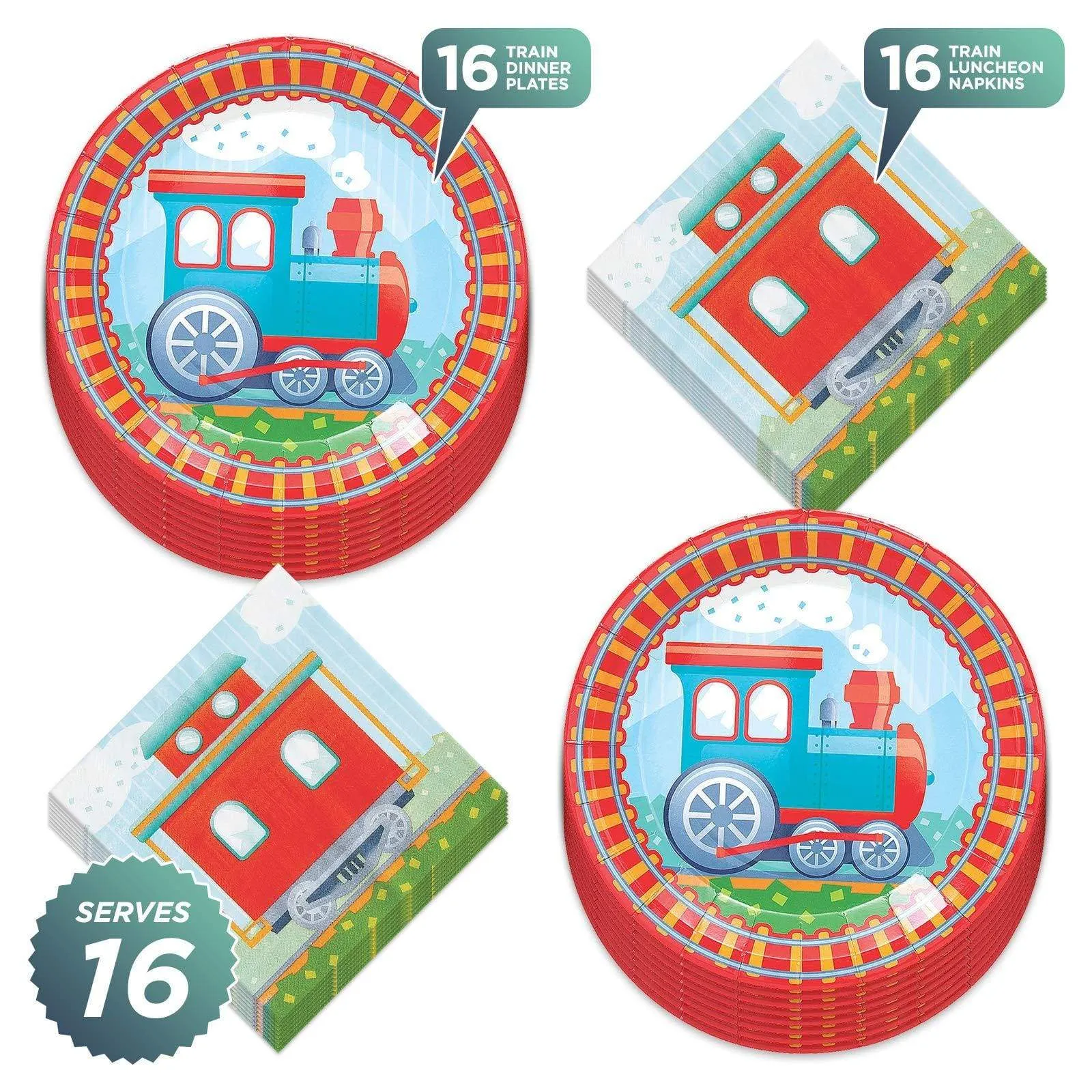 Train Track Paper Dinner Plates and Caboose Luncheon Napkins (Serves 16)