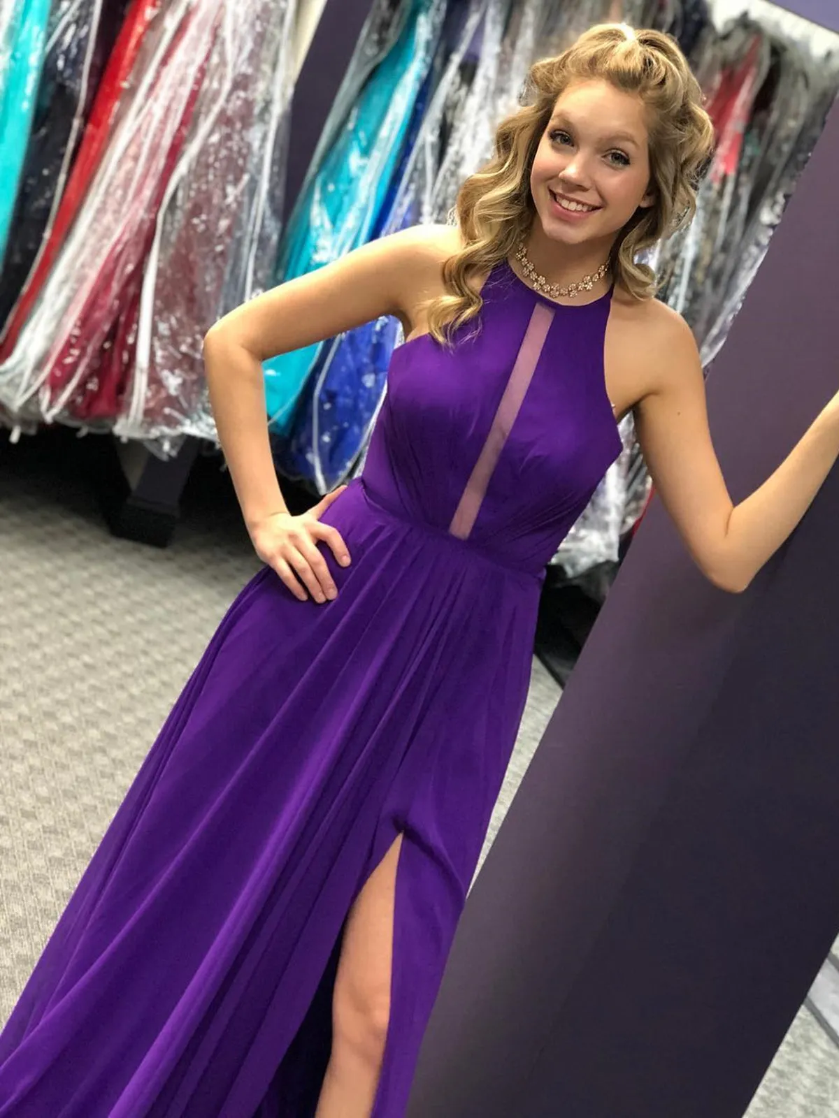 Unique Open Back Purple Chiffon Long Prom Dresses with High Slit, Long Purple Formal Graduation Evening Dresses